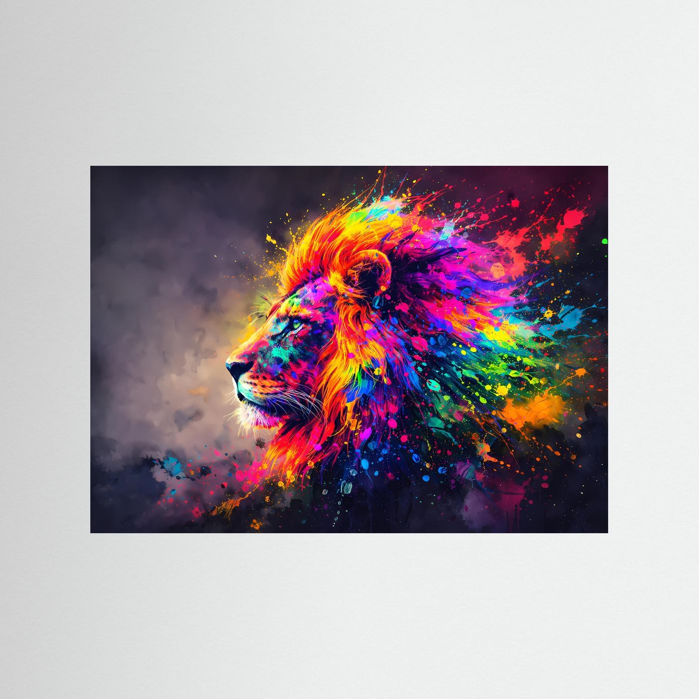 Wandbild: Löwenkopf im Pop-Art-Stil, Regenbogenfarben mit Farbspritzern