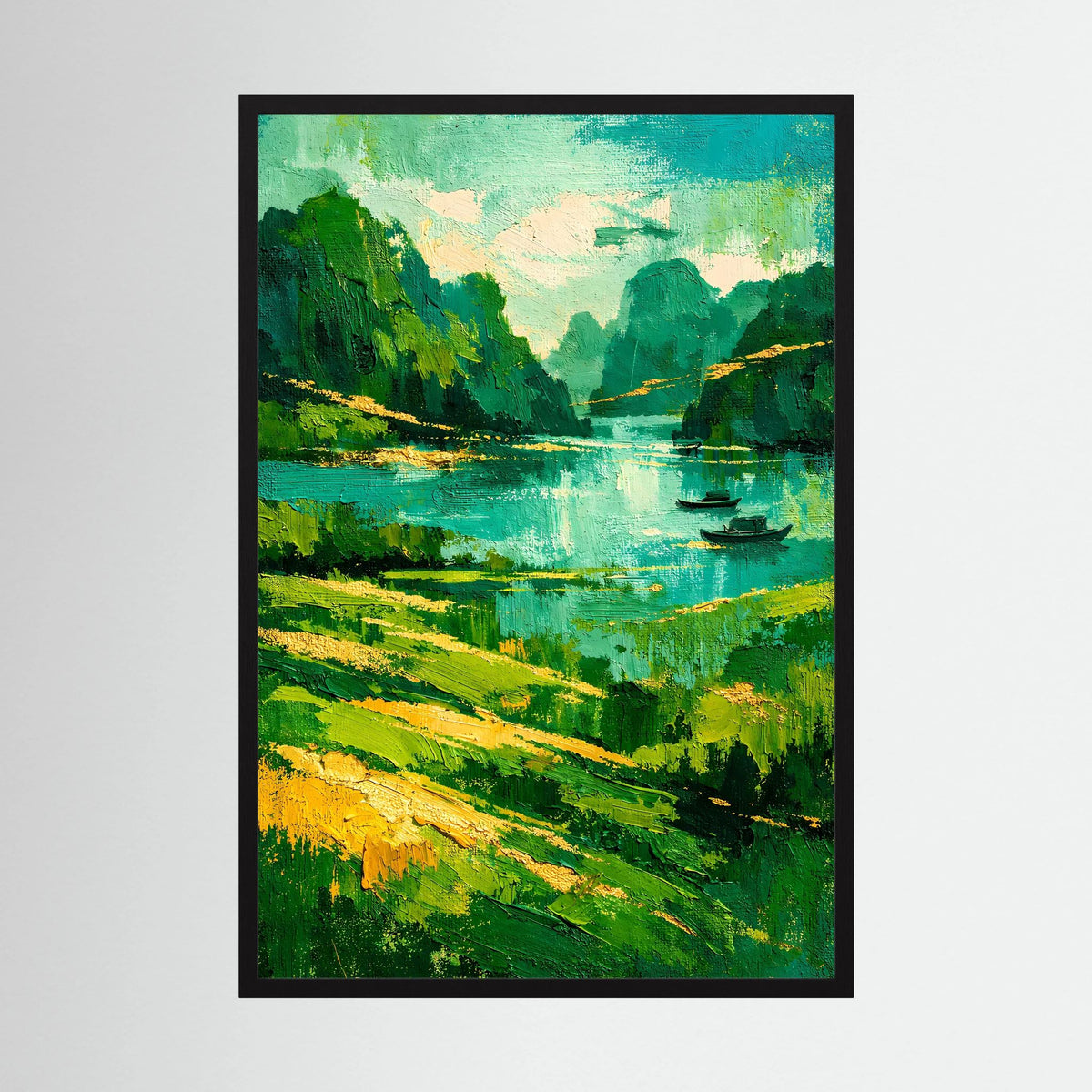 Kunstposter mit schwarzem Rahmen: abstrakte grüne Flusslandschaft mit Booten