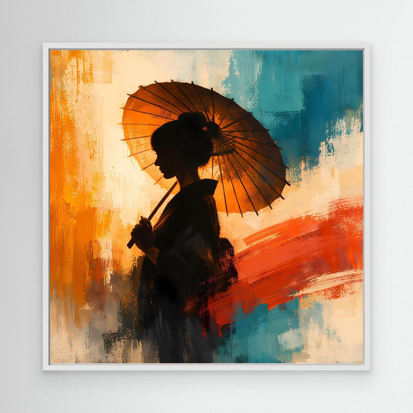 Leinwand Elegante Frau mit Sonnenschirm | Ästhetisches Japanisches Wandbild auf Keilrahmen