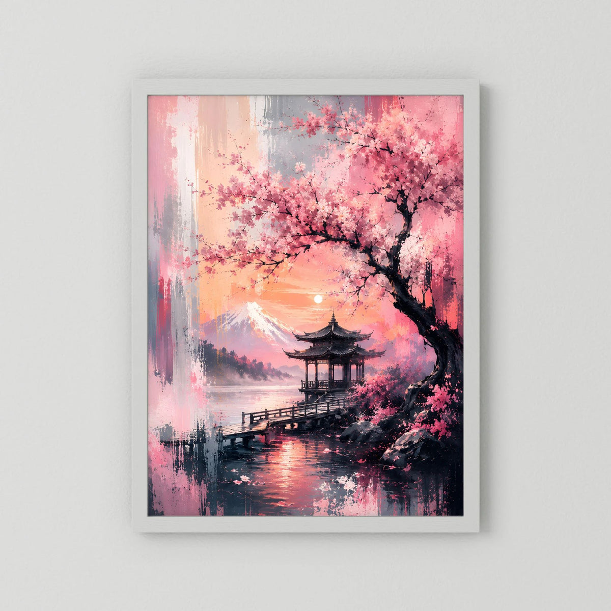 Hochformatiges Japan-Landschaftsposter mit Kirschblüten, Pagode und See, weißer Rahmen