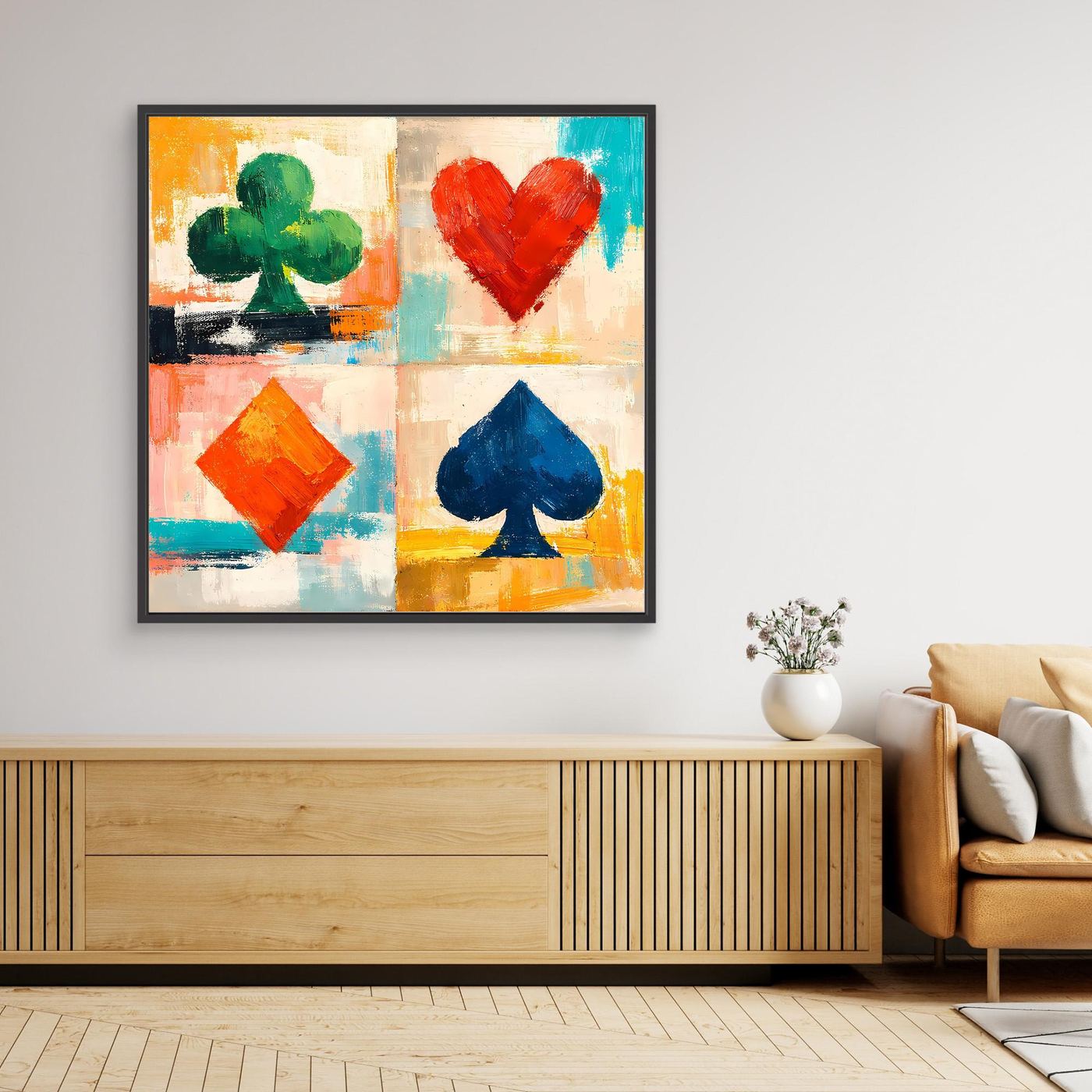 Gerahmtes Leinwand-Wandbild mit bunten Spielkartensymbolen und schwarzem Rahmen