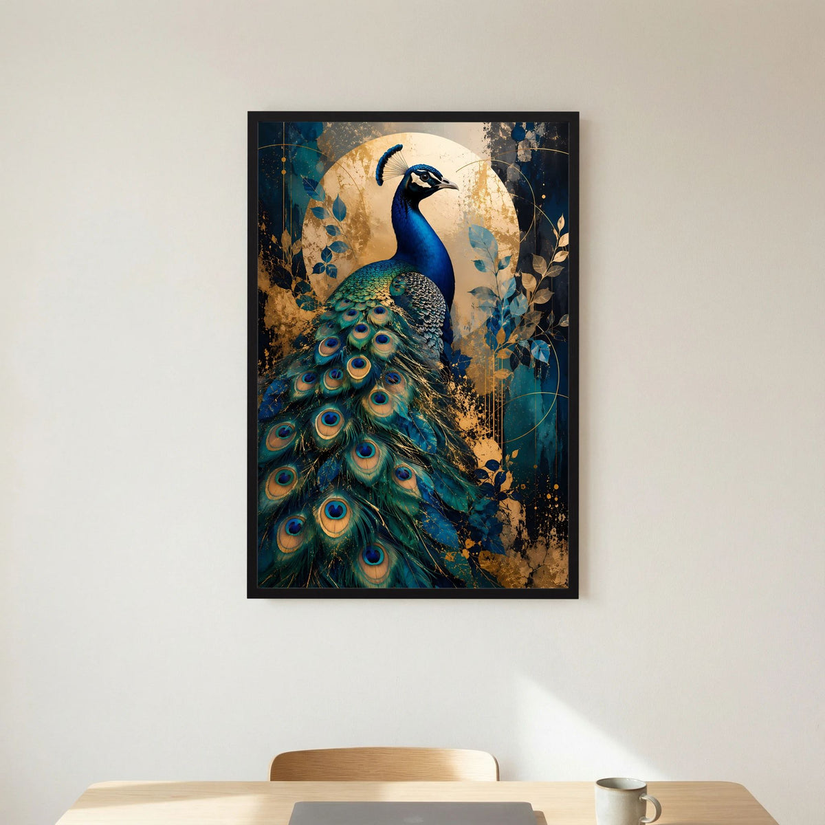 Blau-goldenes Pfau-Poster im Hochformat, schwarzer Rahmen
