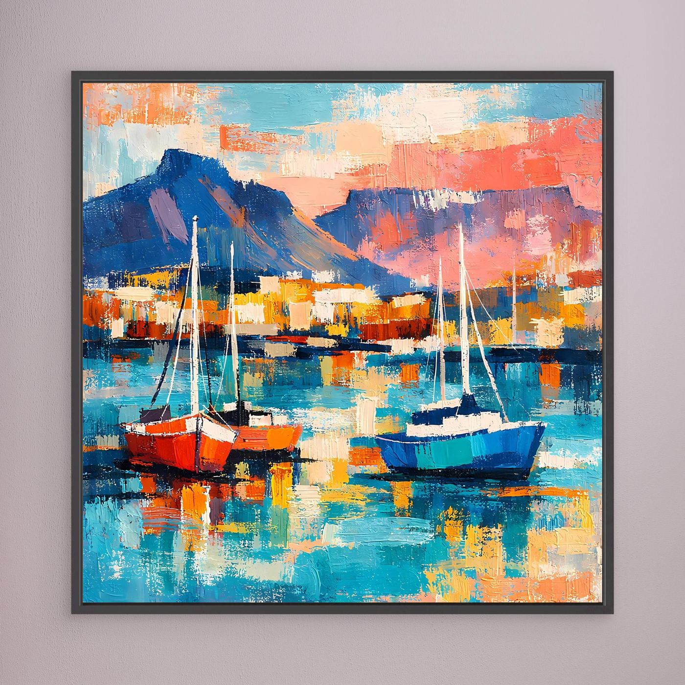 Leinwand-Wandbild mit abstrakten Segelbooten, Hafen und Bergsilhouette, dunkler Rahmen