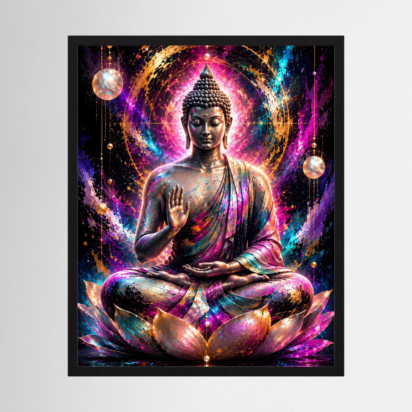 Spirituelles Buddha-Poster: Buddha auf Lotus in leuchtender Aura, neonfarben, schwarzer Rahmen