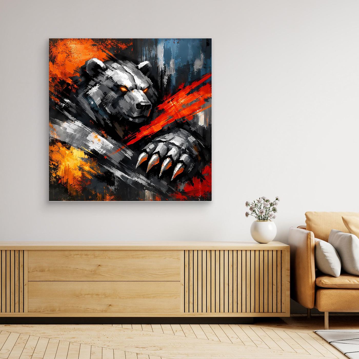 Abstraktes Leinwand-Wandbild mit Kampfbär und Krallen, schwarzer Rahmen, orange-blau-rot