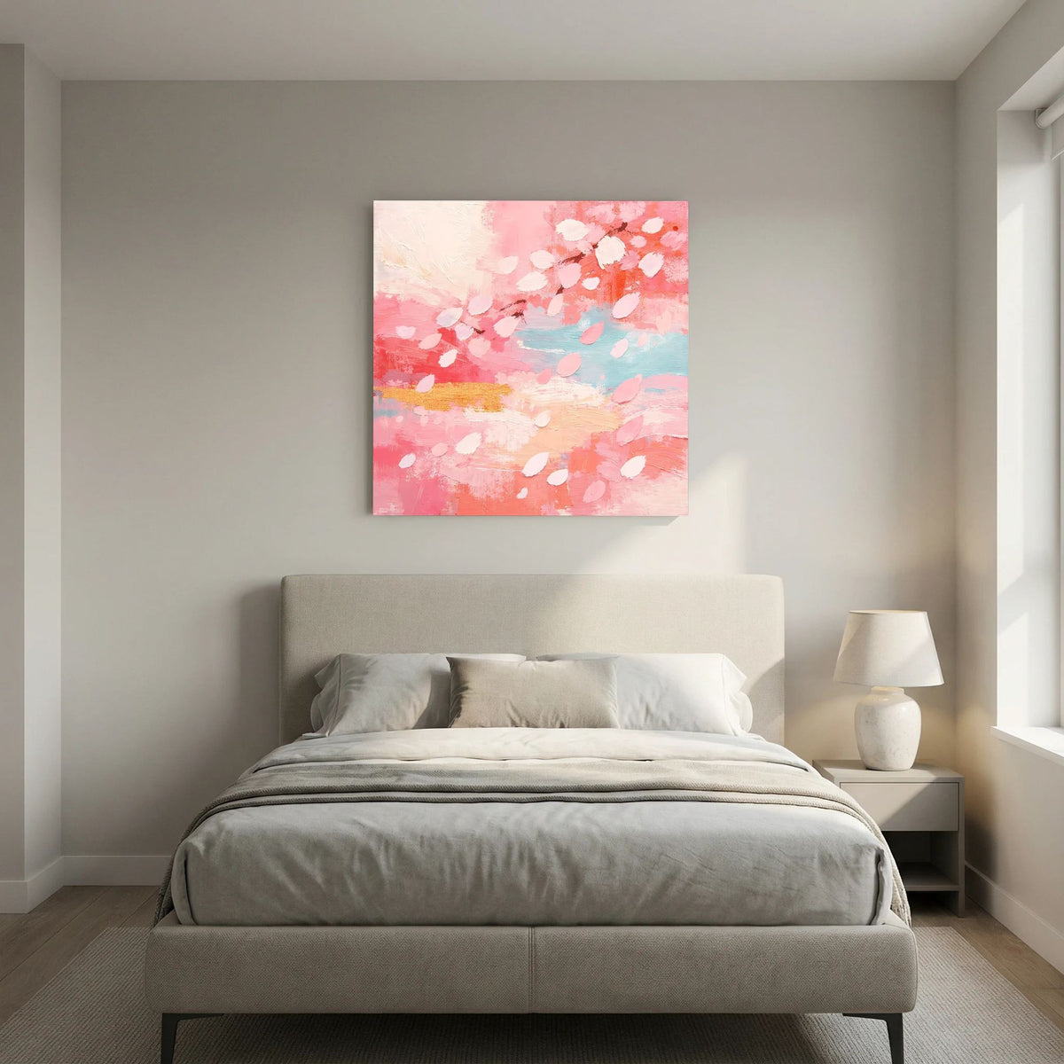 Quadratisches Leinwandbild mit Kirschblüten-Abstract in Pastellrosa, Weiß und hellblauem Verlauf
