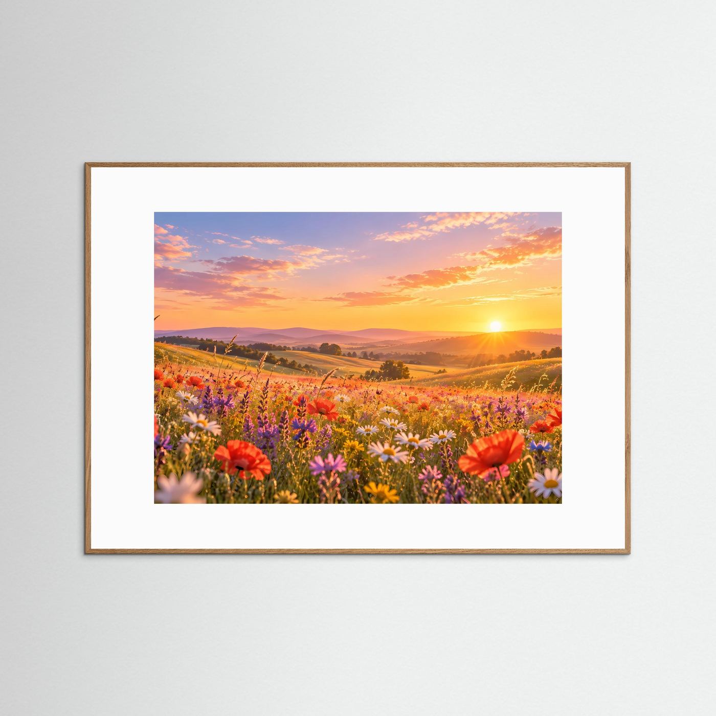 Gerahmtes Landschaftsbild mit Wildblumen und Sonnenuntergang, braunes Holzrahmenprofil