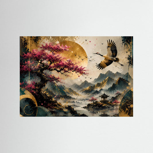 Poster im Querformat mit Kranich, Kirschblüten, Bergen und Tempel in Goldtönen