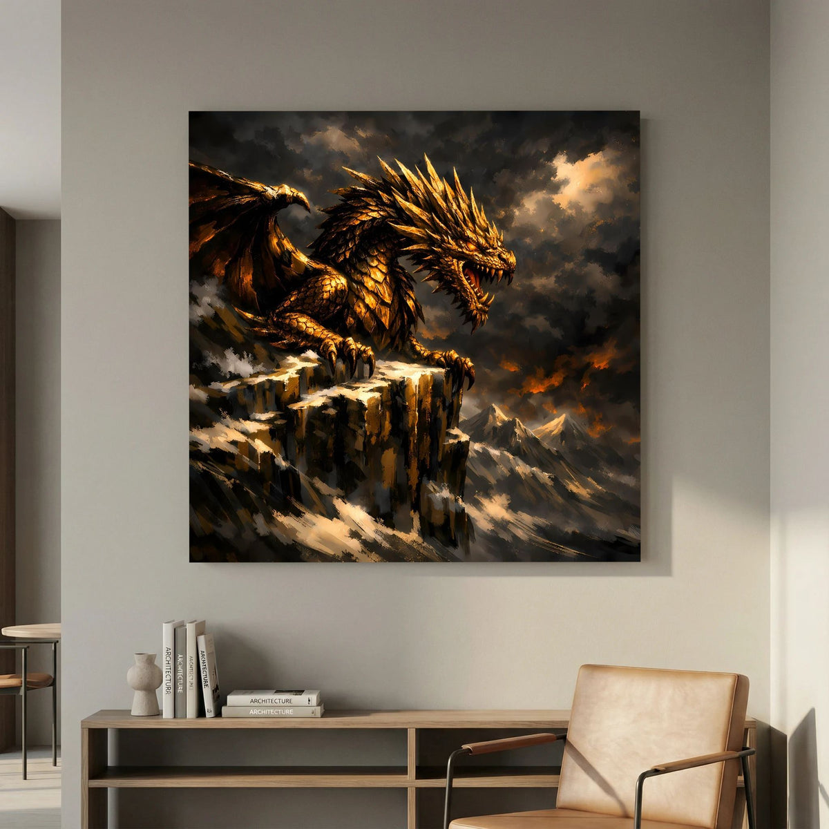 Keilrahmen-Wandbild: goldener Drache auf Felsgipfel, Wolkenzug und Lichtreflexe