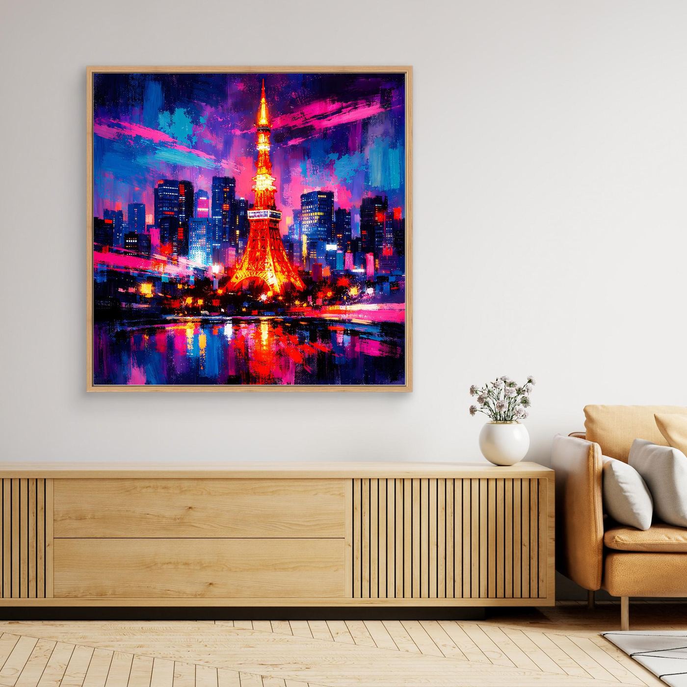 Abstraktes Skyline-Wandbild mit farbiger Lichtstadt und Turm, brauner Holzrahmen