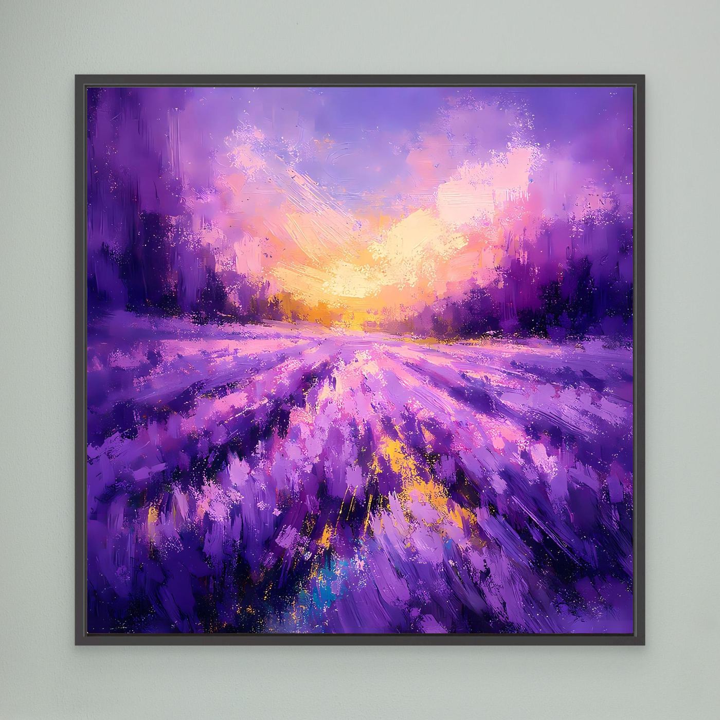 Lavendel-Wandbild auf Leinwand mit schwarzem Rahmen, abstrakte Blumenfelder und goldener Sonnenhimmel