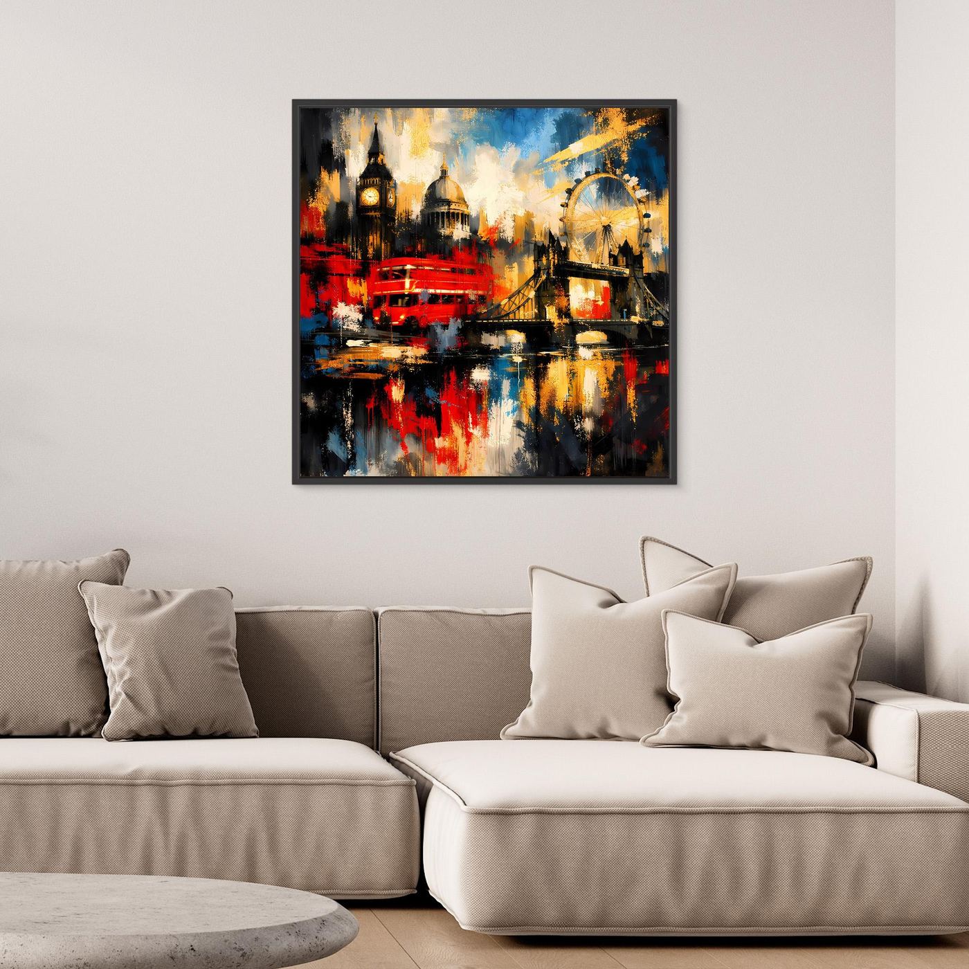 Abstraktes Leinwandbild mit London-Skyline, bunt mit rotem Bus/Bootmotiv, schwarzer Rahmen