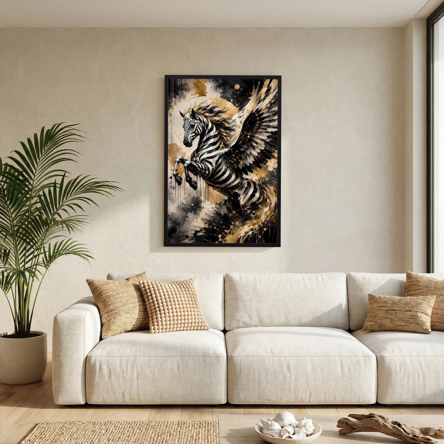 Geflügeltes Zebrapferd | Schwarz Gold abstrakte Fantasy Kunst | Poster Hochformat