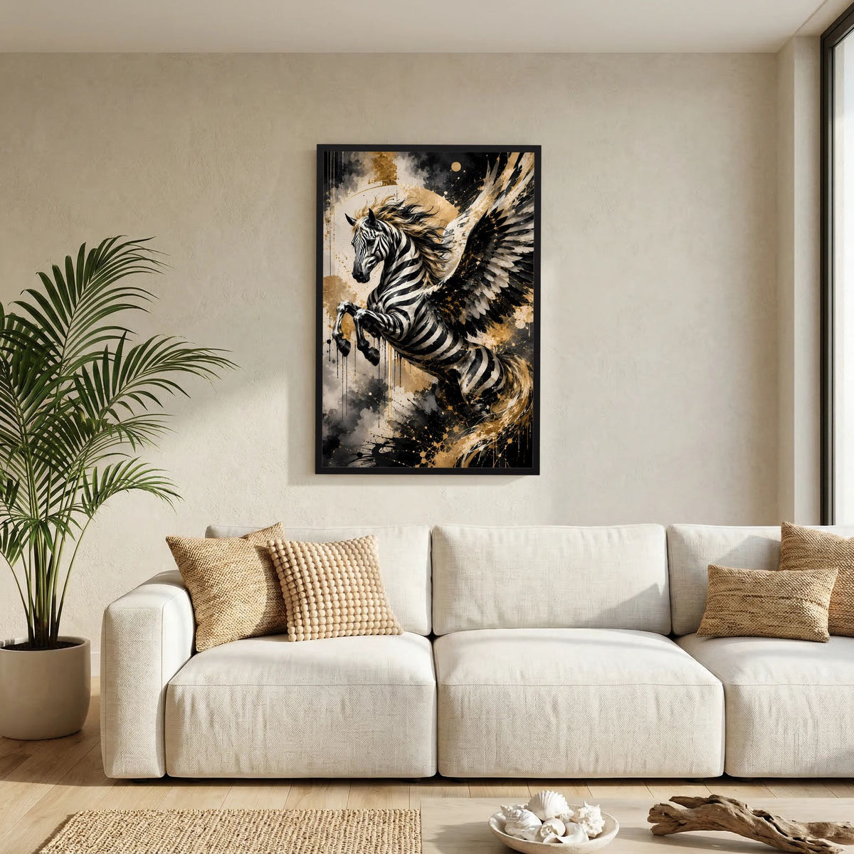 Geflügeltes Zebrapferd | Schwarz Gold abstrakte Fantasy Kunst | Poster Hochformat