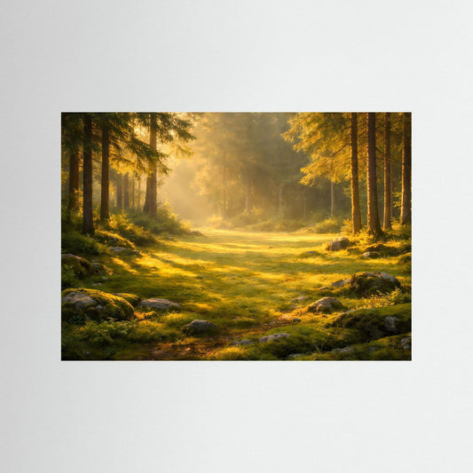 Wandbild mit Waldlichtung, goldenen Sonnenstrahlen und Moos über Steinen