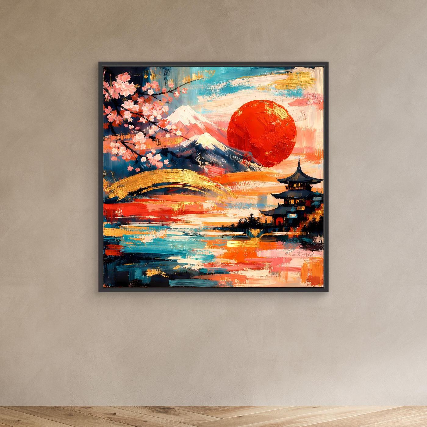 Gerahmtes Leinwandbild mit Fuji, roter Sonne, Kirschblütenzweig und Pagode, dunkler Rahmen
