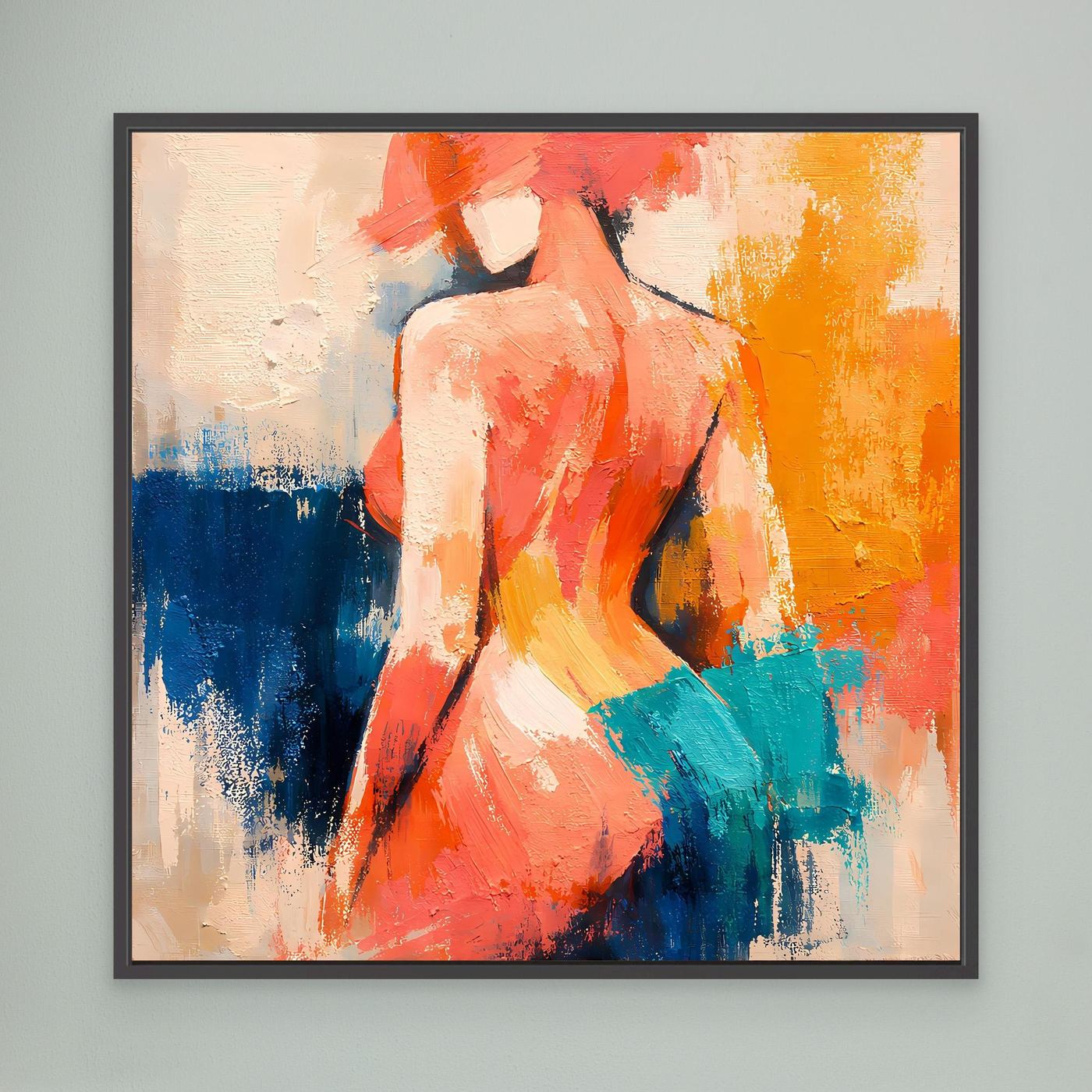 Abstract female back canvas wall art with red and orange figure, blue and teal strokes, black frame