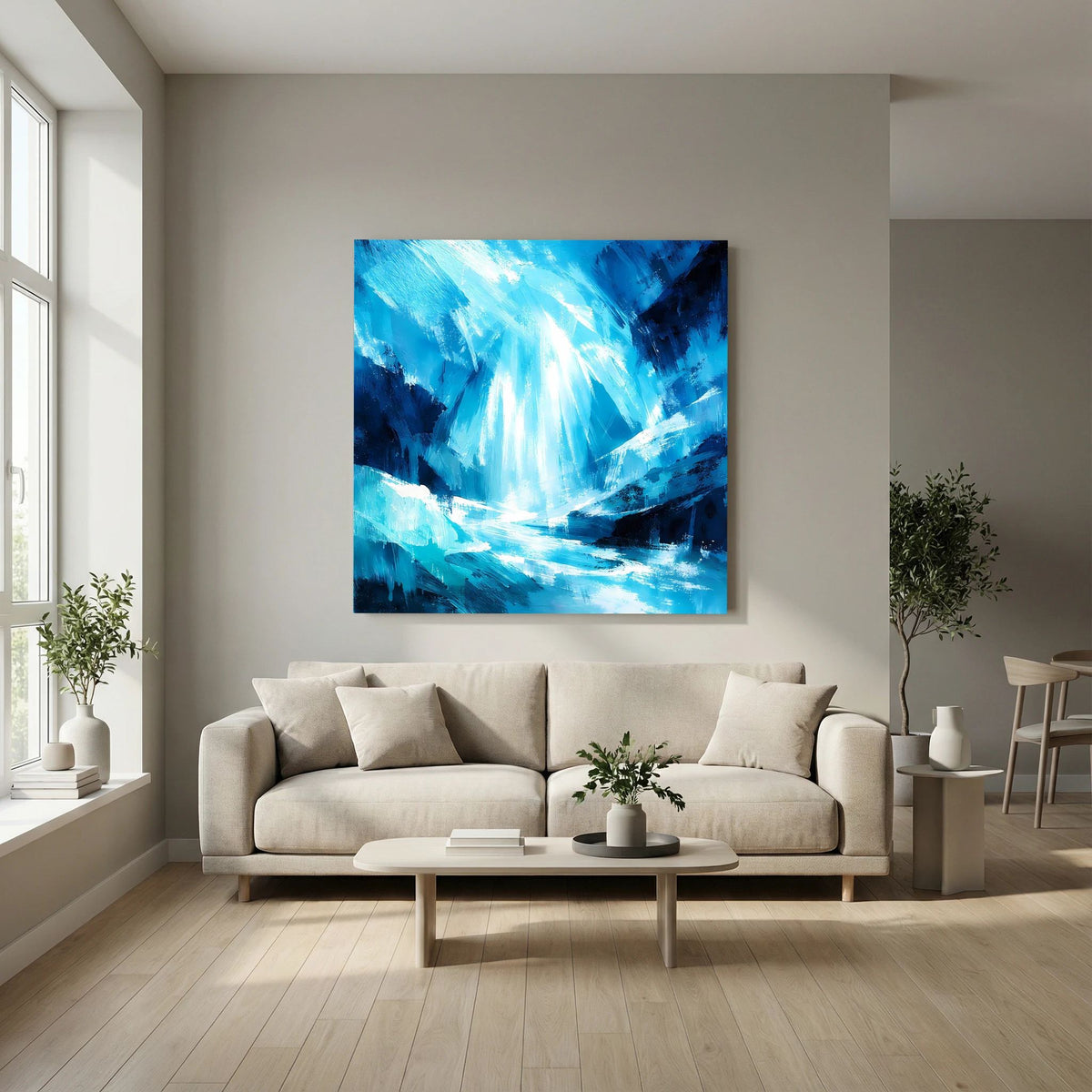 Blaues abstraktes Leinwand-Wandbild: Eiswasserfall mit hellen Lichtkaskaden und Details