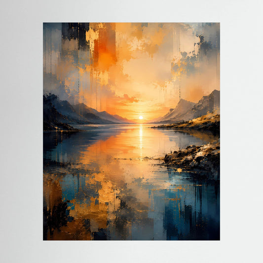 Poster im Hochformat mit abstrakter Berglandschaft und Sonnenaufgang am See, blau und orange