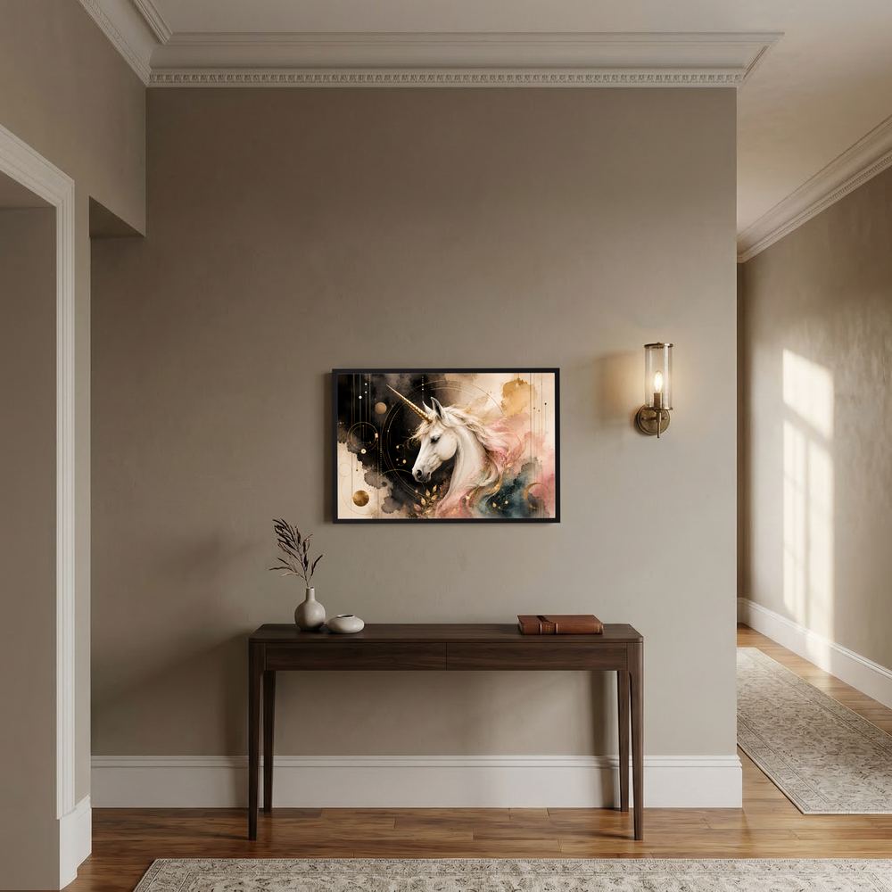 Querformat-Poster mit magischem Einhorn in pastellrosa und gold, mit goldenen Akzenten
