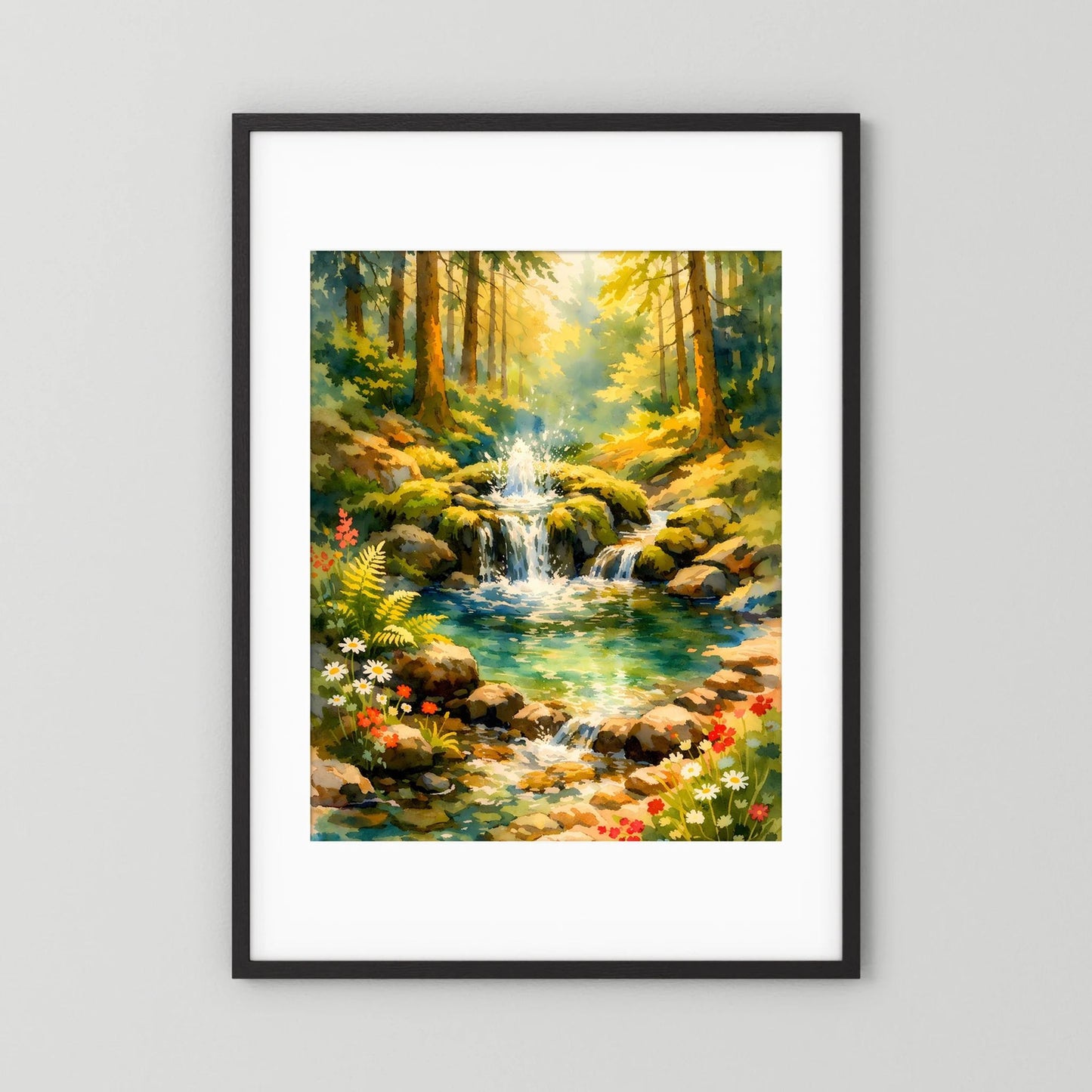 Poster im Hochformat: Aquarell-Wald mit Wasserfall, Bach und Blumen, schwarzer Rahmen.