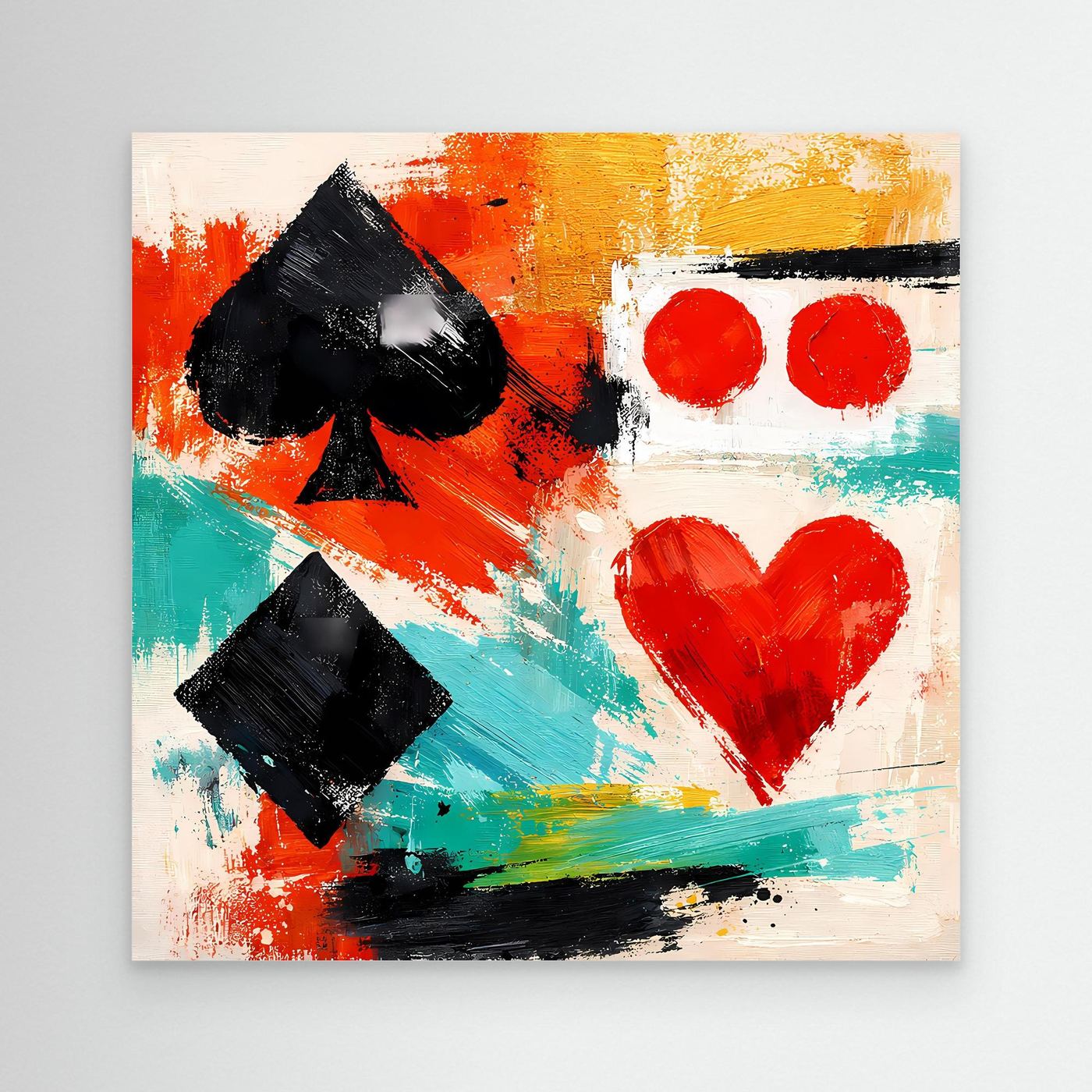 Abstract canvas art with black spade, black diamond, red dots and heart on colorful strokes