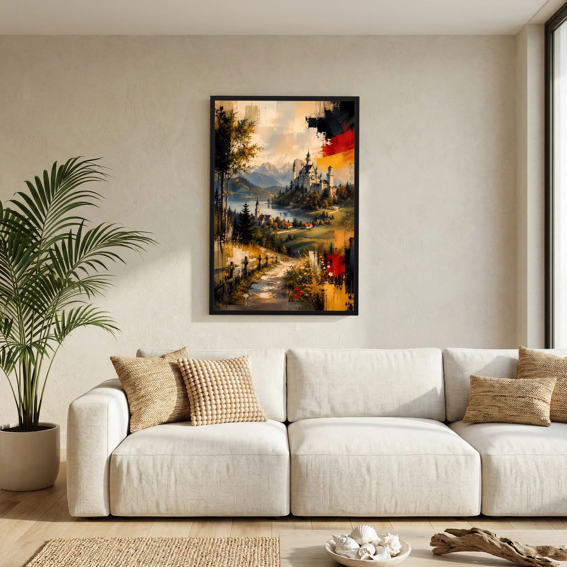 Kunstposter im Hochformat mit schwarzem Rahmen: abstrakte Alpenlandschaft mit Schloss und See