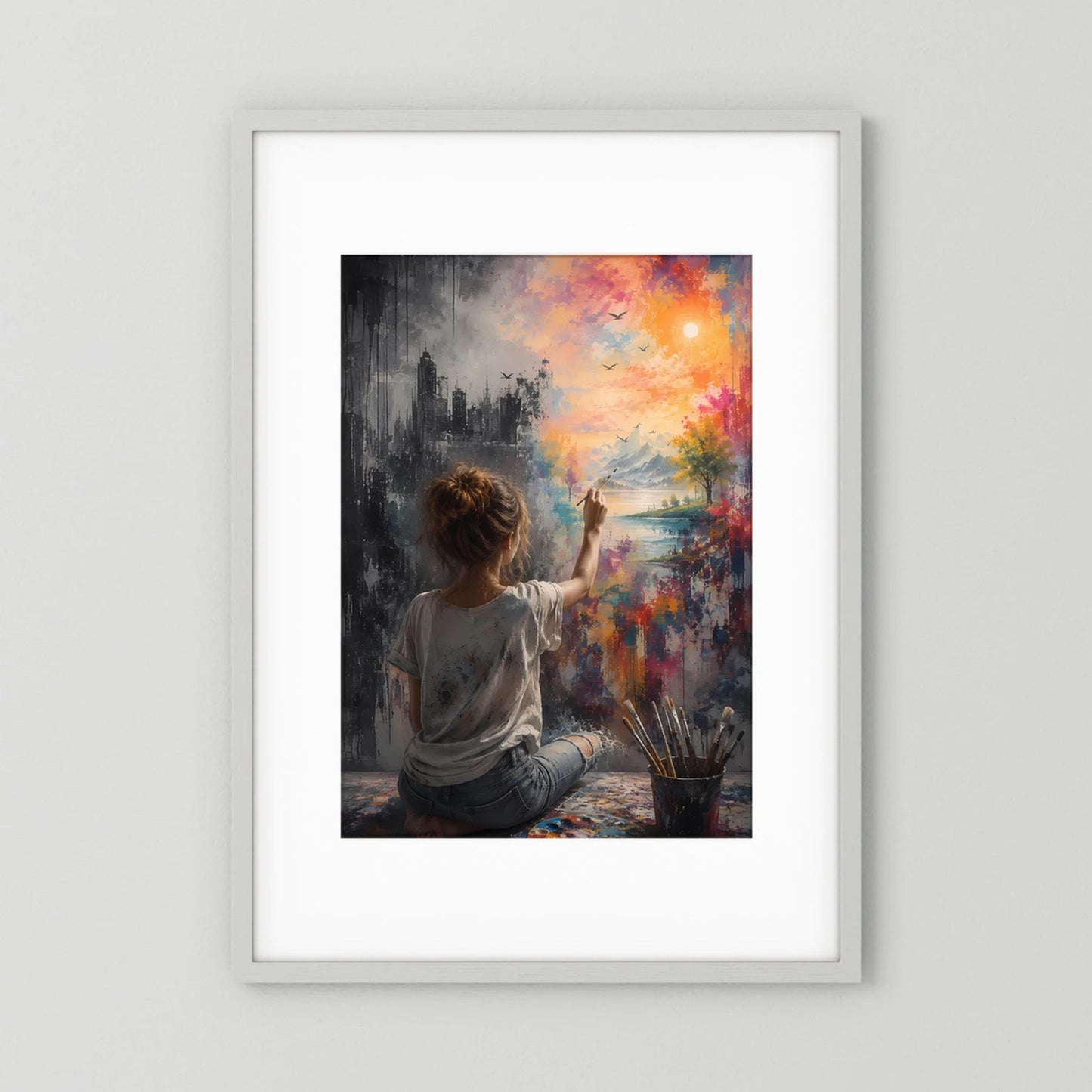 Hochformatposter mit sitzender Frau im Rückenblick, die Farbmotive auf eine Leinwand malt