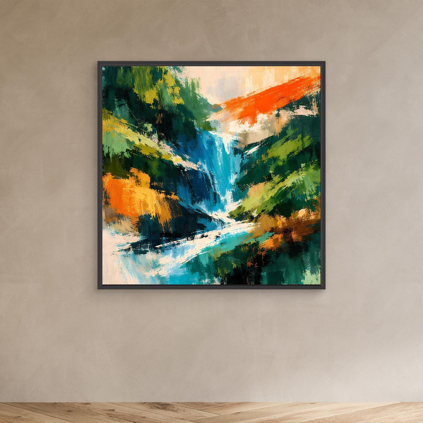 Abstraktes Leinwand-Wandbild mit Wasserfall in Türkis und Grün, im schwarzen Rahmen