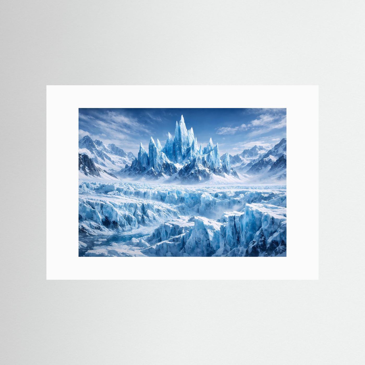 Querformatposter mit weißem Rand und Gletscherbergpanorama mit Eiskristallen