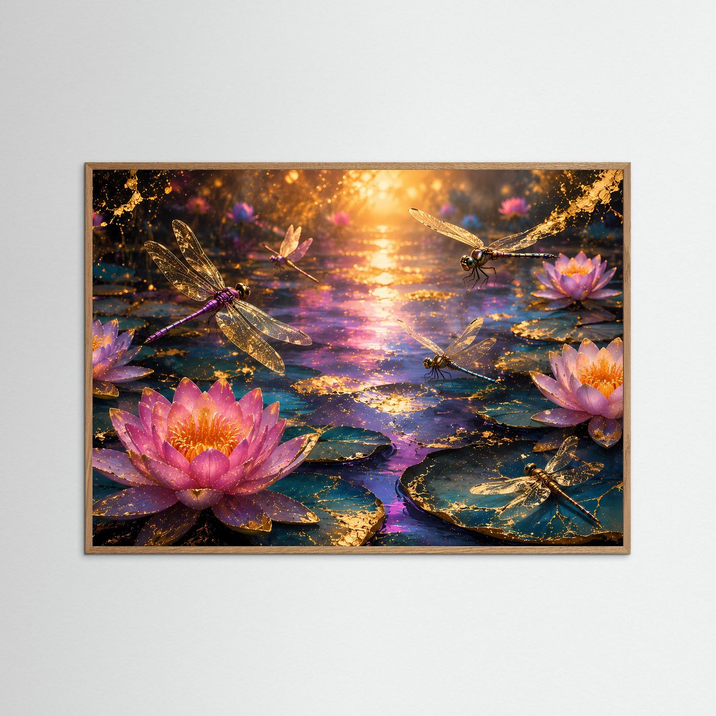 Seerosen & Libellen Poster | Goldene Libellen über Lotusblüten | Magischer Seerosenteich bei Sonnenuntergang | Premium Leinwand & Wall Art