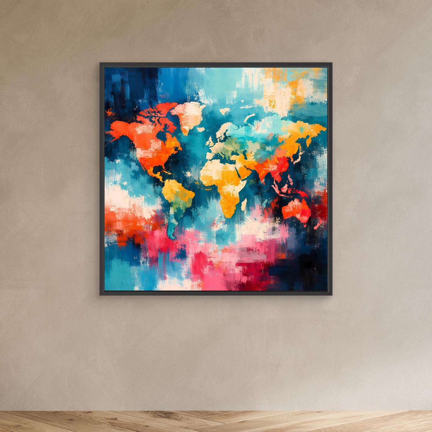 Abstract world map canvas with colorful brushstroke continents and black frame