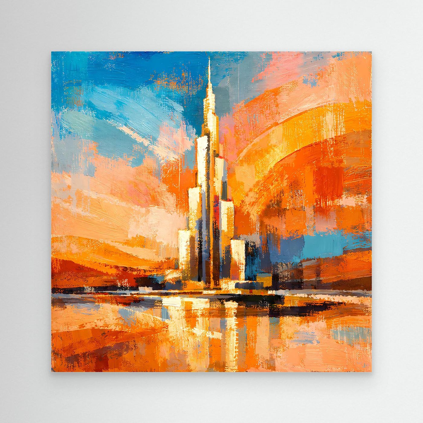 Abstraktes Leinwand-Wandbild mit Turm und Spiegelung, blau-orange Farbflächen