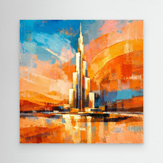 Abstraktes Leinwand-Wandbild mit Turm und Spiegelung, blau-orange Farbflächen