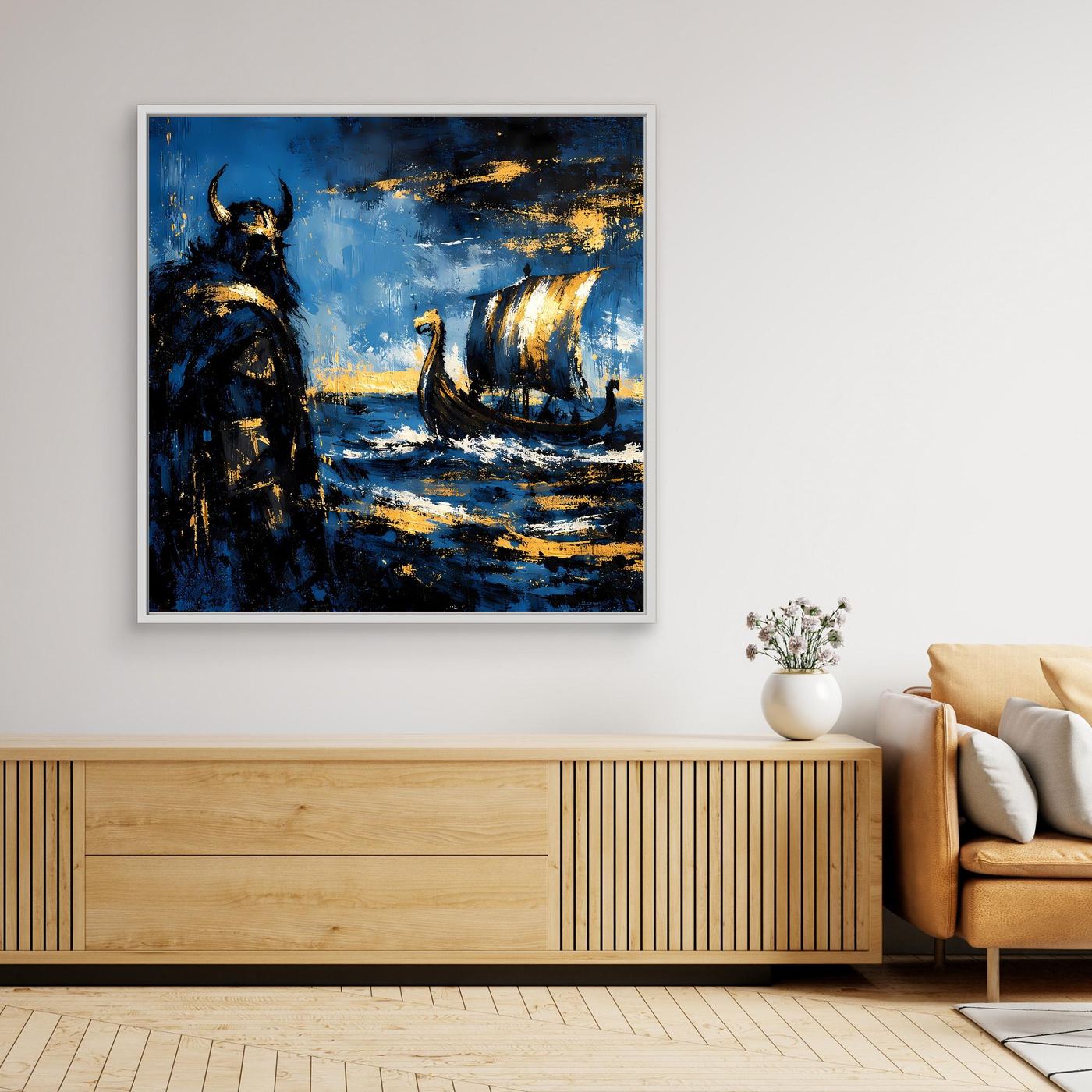 Leinwand Mythischer Wikinger und Langschiff | Abstraktes Nordisches Wandbild