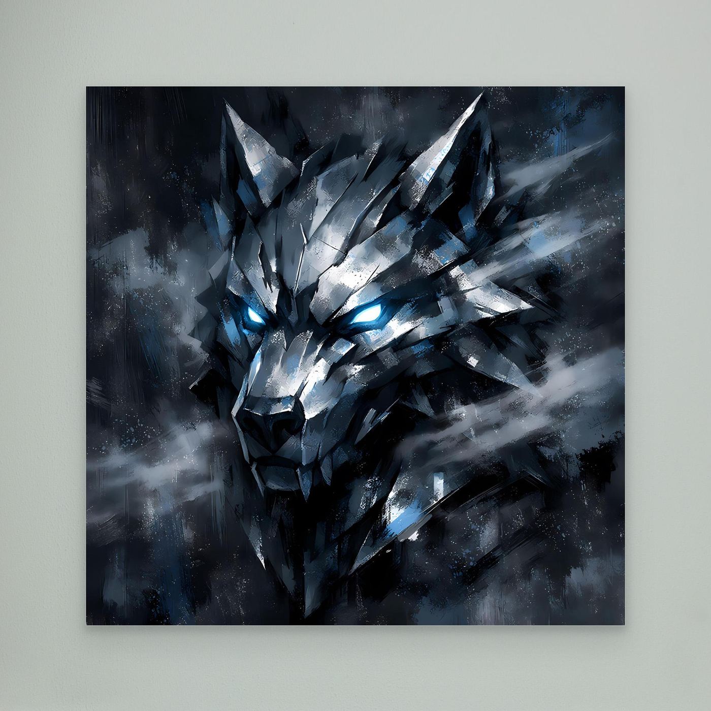 Leinwand-Wandbild mit geometrischem Wolf, silberne Facetten und blau leuchtende Augen