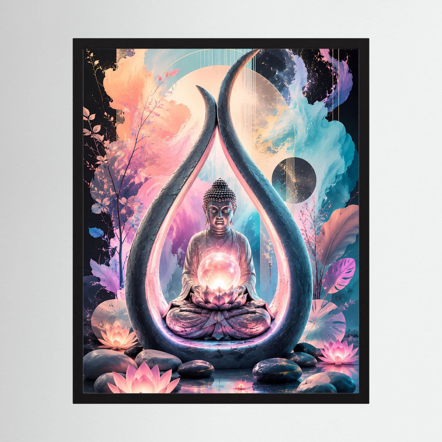 Gerahmtes Poster mit Buddha im Meditationssitz, leuchtendem Lotus und Tropfenornament