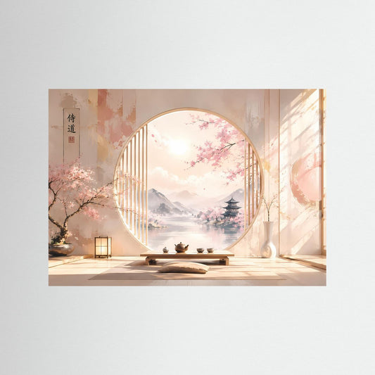 Kunstdruck mit Kirschblüten im Zen-Raum: Rundbogen, Pagode, Laterne und Flusslandschaft