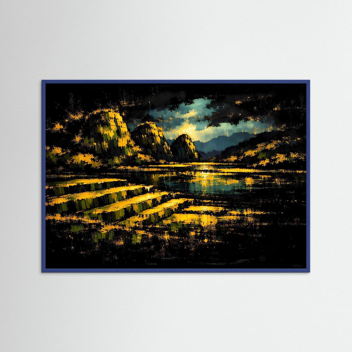 Goldene Nacht über dem Bergsee | Mystisches Natur & Landschaft Poster Querformat