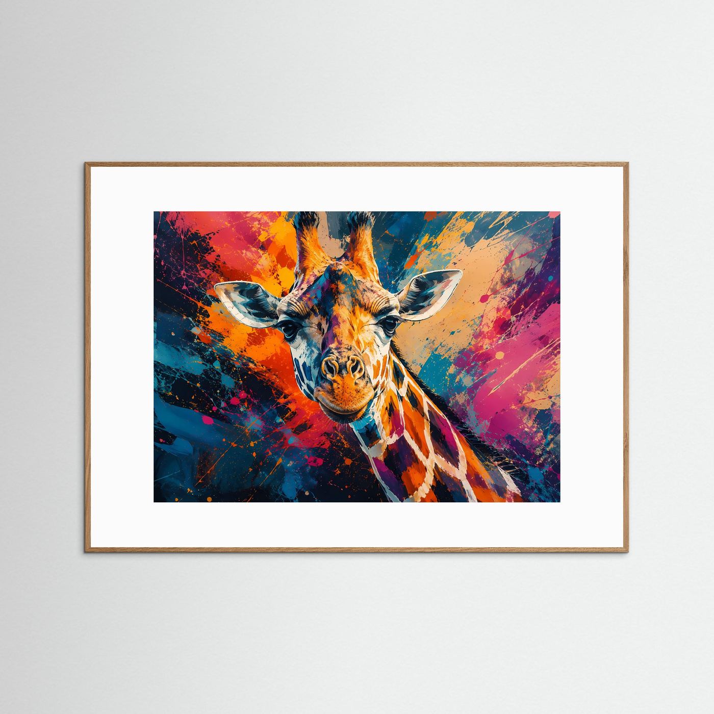 Farbenfrohe Giraffe im Pop-Art Stil | Modernes Tier & Splash-Art Poster im Querformat
