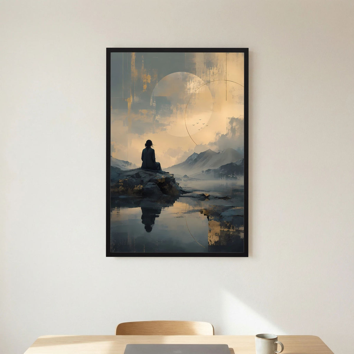 Poster im Hochformat mit schwarzem Rahmen und weißem Rand; abstrakte Berglandschaft mit Figur.