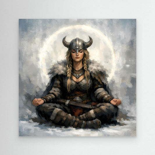 Meditating Viking woman canvas wall art with horned helmet and seated cross-legged pose