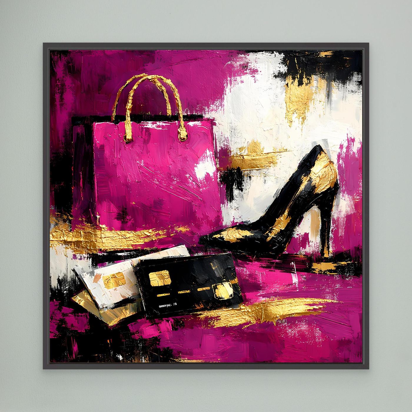 Leinwand Abstraktes Fashion Wandbild in Pink und Gold | Modernes High Heels & Shopping Gemälde