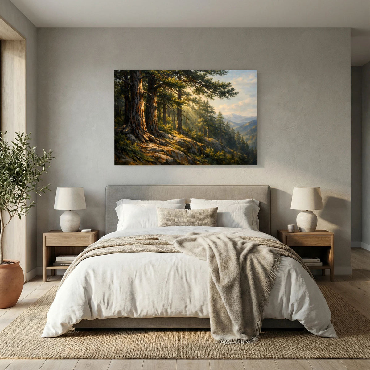 Wandbild im Querformat: Nadelwaldlandschaft mit Bergen und hellem Abendhimmel