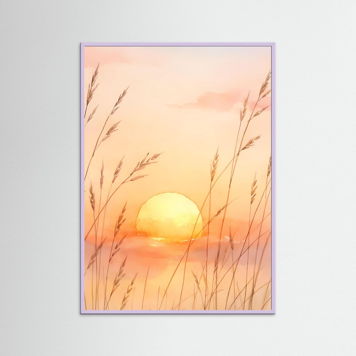 Wandbild mit Sonnenuntergang über Gräsern, lila gerahmt