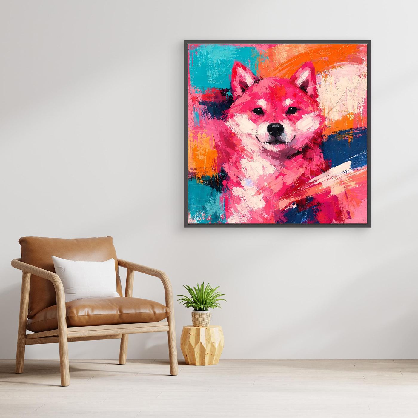 Pop-Art-Wandbild mit Shiba Inu, leuchtende Farbflecken, schwarzer Rahmen