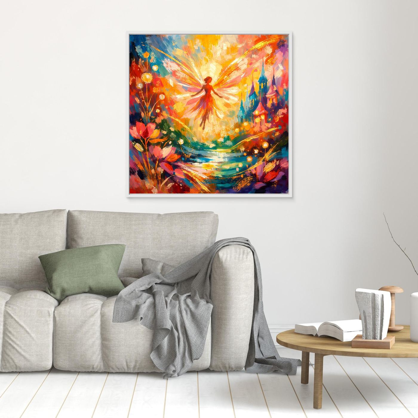 Leinwandbild im hellen Rahmen: abstrakte Fantasy mit Lichtstrahlen, Figur, Blumen und türkis/rote Türme.