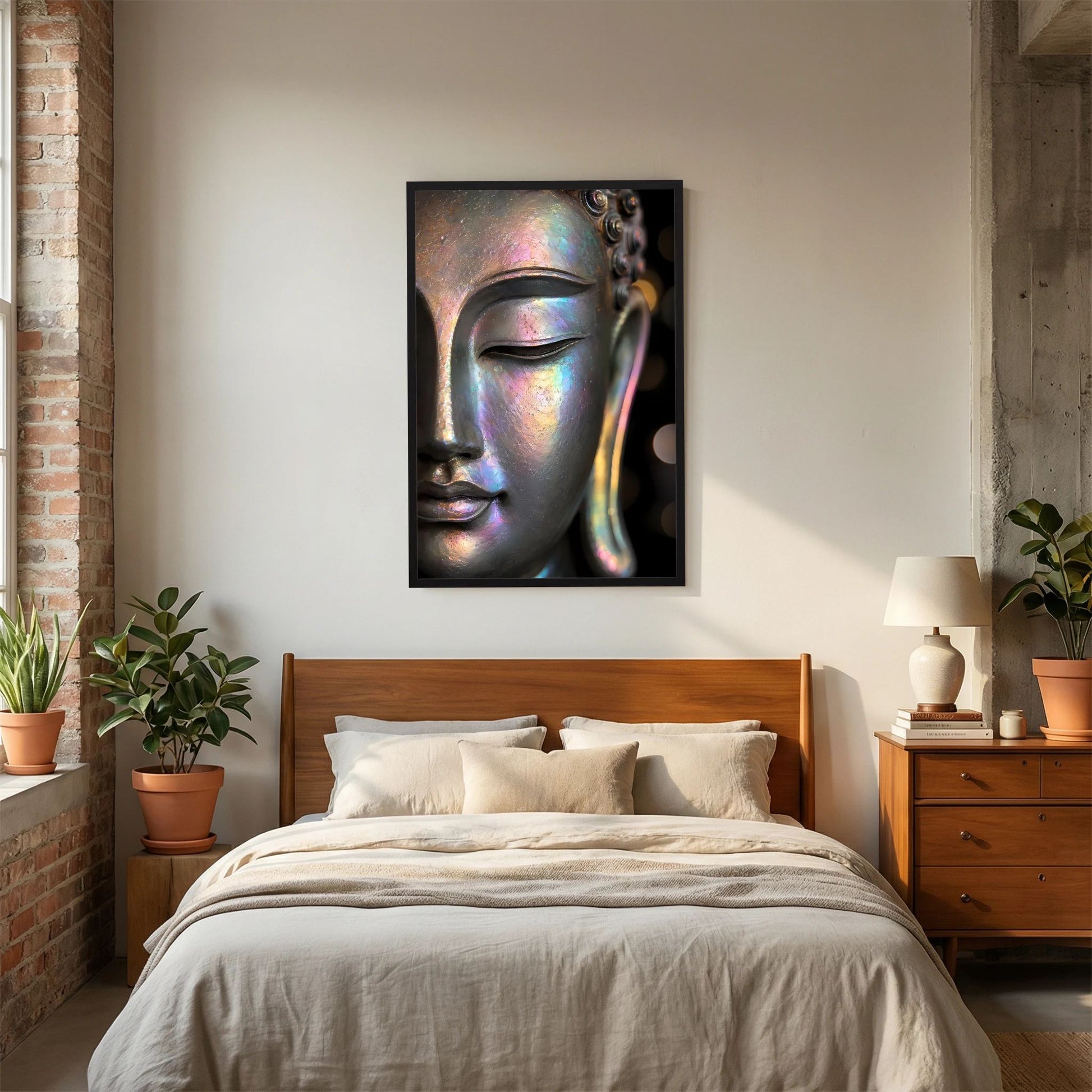 Kunstposter mit Buddha-Gesicht in irisierender Perlmutt-Optik, schwarzer Rahmen