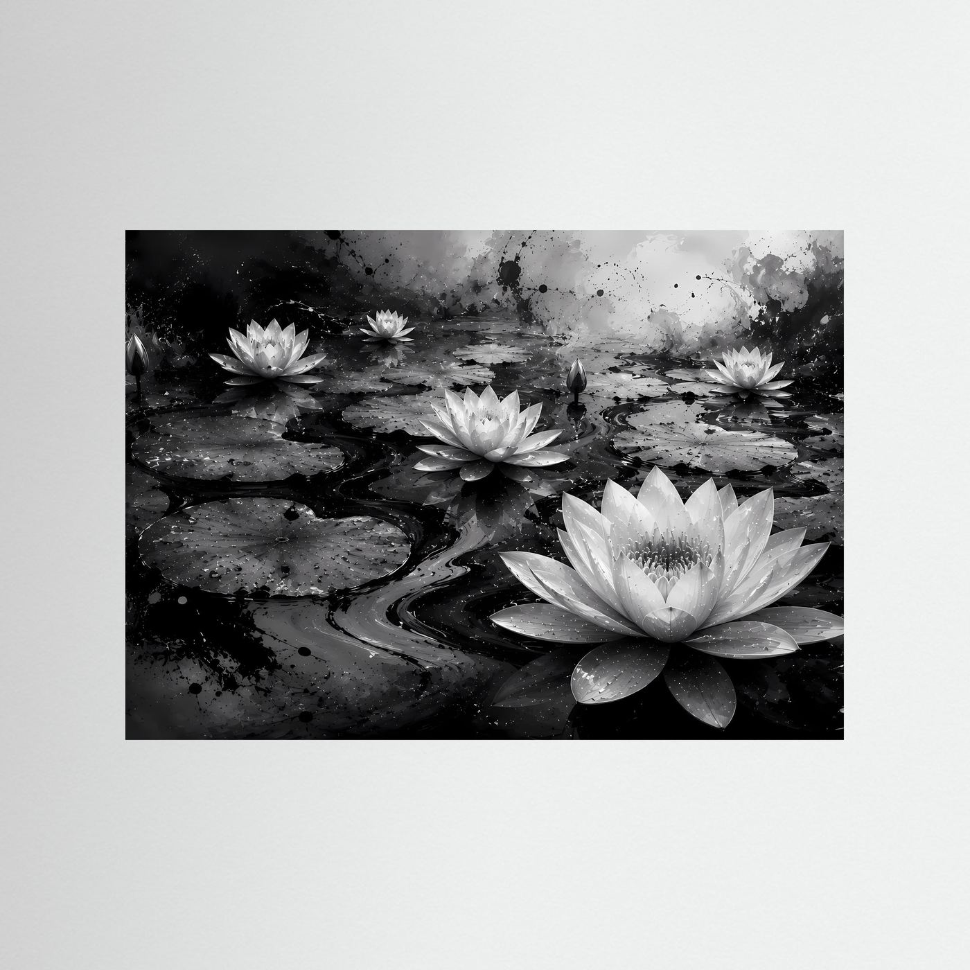 Weiße Seerosen auf schwarzem Wasser | Elegante Schwarz-Weiß Naturkunst – Moderner Lotus Teich