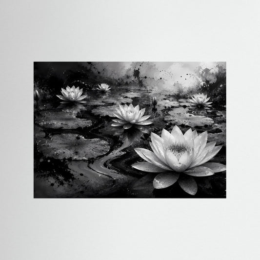 Wandbild mit weißen Seerosen auf dunklem Wasser, Schwarz-Weiß-Naturmotiv